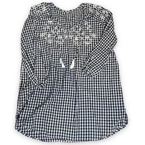 Seafolly Blue White Check Peasant Shirt Size Large Tassles Boho.